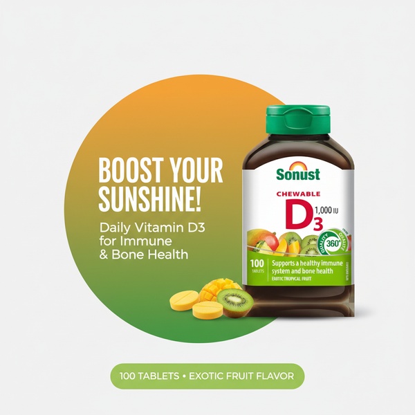A high-contrast 1:1 square graphic featuring chewable Vitamin D3 tablets alongside fresh fruit, emphasizing immune and bone health benefits.